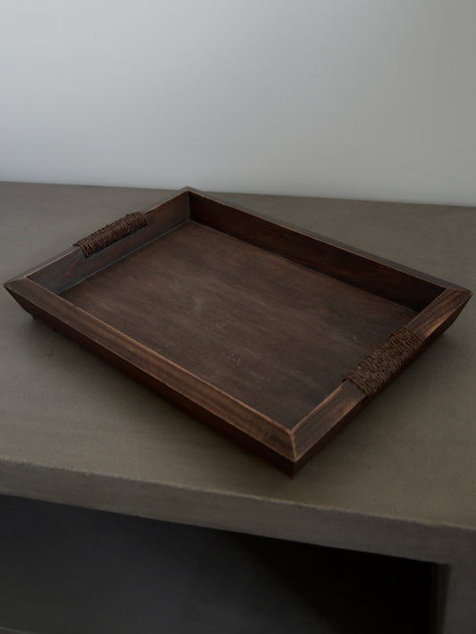 Plateau Vintage En Bois Brut Et Corde - Design Brutaliste / Japonais / Wabi-Sabi