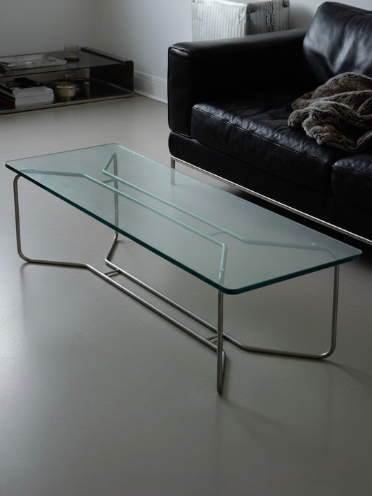 Table Basse Plateau En Verre Et Pied En Métal Tubulaire - Design Moderniste / Bauhaus / Space-Age